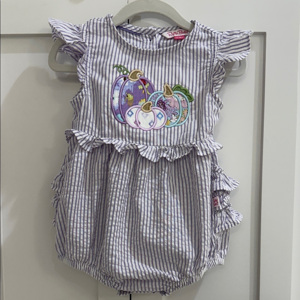 Ruffle Butts Lavender/White Seersucker Flutter Sleeve Ruffle Booty Bubble 12-18M